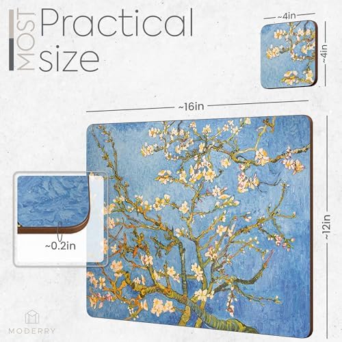 Set of 4 Heat Resistant Cork Placemats for Dining Table with Free Set of 4 Matching Drink Coasters Van Gough Blue Botanical Design 16 x 12 Inches Cork Backed Hard Placemats (Almond Blossoms) - Image 7
