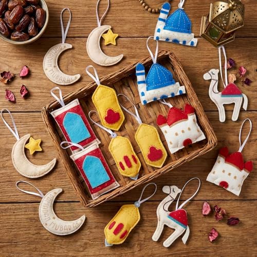 HunnmingRe 16 Pcs Ramadan Tree Ornaments 3D Felt Eid Mubarak Hanging Ornaments Ramadan Islamic Moon Star Castle Lantern Decorations for Holiday Party Door Home Wall Mantel Arts Crafts Gifts by HunnmingRe