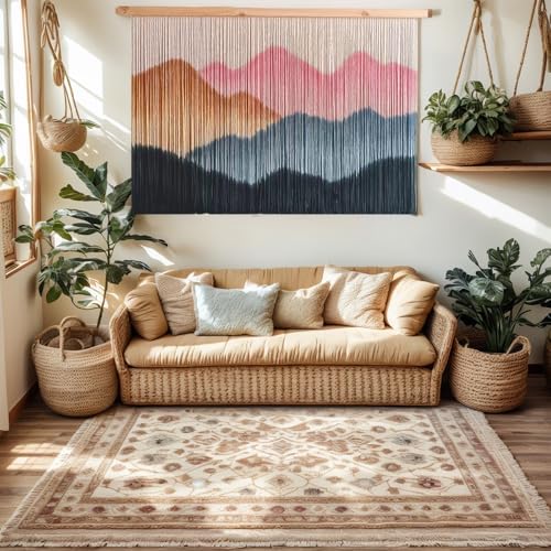 ZYDDNH Macrame Wall Hanging, Dip-Dyed Mountain Tapestry, Modern Fiber Wall Art, 57" W x 37" L (light pink) - Image 4