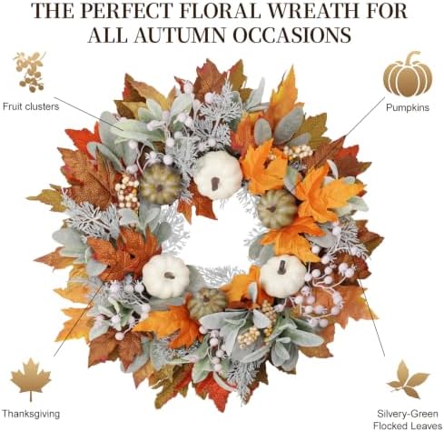 Artificial Fall Wreath 22 Inch Fall Wreaths for Front Door with White Pumpkins Oeange Maple Leaves Lamb's Ear and Berries Autumn Wreath Thanksgiving Harvest Wreath for Festival Wall Porch - Image 2