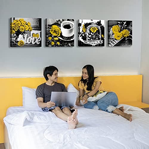 DJSYLIFE Yellow Rose Canvas Wall Art Set of 4 for Living Room 12x12 Inch - Image 3