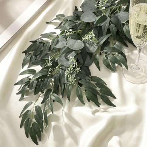 Suncalla 2 Pcs 10 Feet Fake Greenery Garlands Artificial Silver Dollar Eucalyptus Garland in Grey Green and Willow Twigs Garland Intertwined Together for Wedding Arch Doorways Table Decor - Image 3