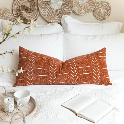 BlissBlush Boho Lumbar Throw Pillow Cover 14X36, Brick Red Decorative Long Accent Body Lumbar Pillow for Bed, Farmhouse Woven Soft Chenille Textured Lumbar Pillowcase for Couch (Cover ONLY) - Image 7