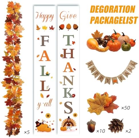 Fall Decor Set 5 Pack 5.9Ft Artificial Fall Maple Leaves Garland - 70pcs with Mini Pumpkins kit, Happy Fall Porch Banner Welcome Signs Autumn Decor for Thanksgiving Home & Fall Decorations - Image 2