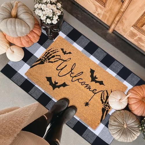 Halloween Welcome Door Mat Combo Set, Skeletal Hand Coco Coir Doormat -28" x 43" Black and White Plaid Rug, Autumn Front Porch Entryway Decor Floor Mat by Fallovea
