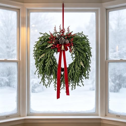 24 Inch Christmas Wreath for Front Door - Artificial Cedar Winter Wreath with Red Velvet Bow, Golden Bell, Pinecones & Red Berries, Farmhouse Holiday Wreath for Indoor Outdoor Christmas Decorations - Image 6