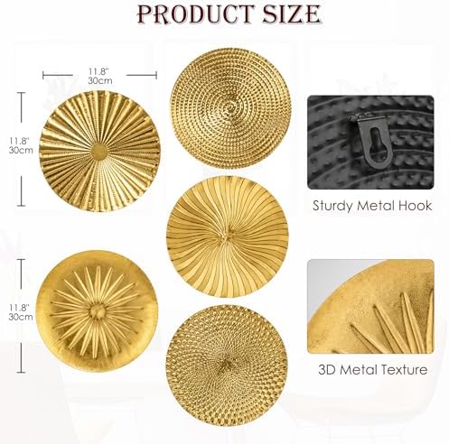 Briful 12" Gold Wall Décor Pack of 5 Metal Starbursts Radial Plate Wall Art Modern Accent Hanging Wall Decorations For Home Office Bedroom Or Living Room Sculptures - Image 2