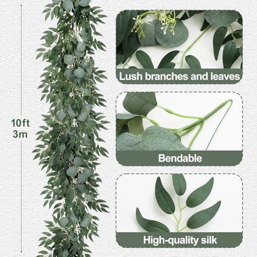 Suncalla 2 Pcs 10 Feet Fake Greenery Garlands Artificial Silver Dollar Eucalyptus Garland in Grey Green and Willow Twigs Garland Intertwined Together for Wedding Arch Doorways Table Decor - Image 4