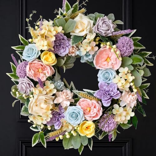TEMPUS Spring Summer Wreath for Front Door 22 Inch Artificial Floral Wreath with Roses Peonies Hydrangeas Leaves for Door Wall Decoration Wedding Party Home Farmhouse Decoration by TEMPUSDECOR