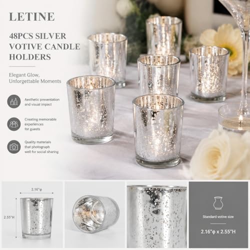 LETINE 48pcs Silver Votive Candle Holders – Glass Tea Light Candles Holder, Standard Votive Size for Regular Votive Candles – Bulk Candle Holder for Party Decoration, Bridal Shower, Holiday - Image 2