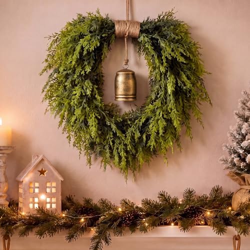 Suncalla Christmas Norfolk Pine Wreath for Front Door with Rustic Bell - Image 3