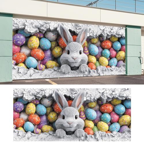 ANNA QUEEN Easter Bunny Garage Door Banner 6x13FT, Cute Rabbit Peeking Cracked Wall Garage Door Cover with Colorful Eggs, Large Outdoor Spring Decoration Backdrop for Double Garage Door & Egg Hunt Party - Image 6