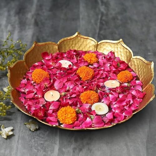 World Fire® Decorative Lotus-Shaped Gold Metal Urli Bowl with Rose Petals, Marigold Flowers & Tea Light Candles – 12 Inch Taj Urli Bowl for Home Decor, Pooja Room & Festive Decoration - Image 7