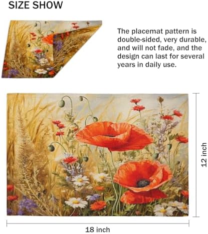 Art Flower Poppy Floral Retro Placemats Set of 6 Decorative Dinner Place Mats Washable Table Mat for Gifts, Holiday, Birthday Party, Wedding & Dining - Image 4