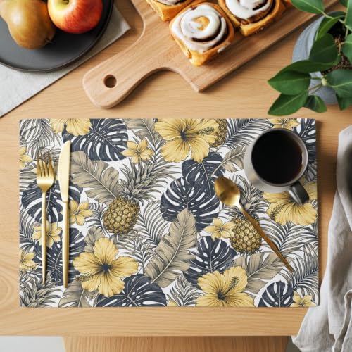 Tropical Plants Placemats Set of 8, Cotton Linen Fabric Place Mats, Yellow Flowers Pineapple Palm Leaves Washable Decorative Table Mats Protector for Home Kitchen Dining Wedding Party Coffee Tables - Image 2