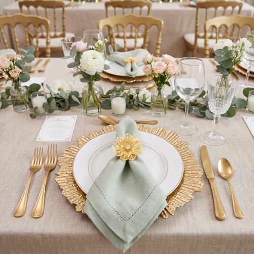 Dandat 48 Pcs Charger Plate Bulk 13'' Floral Reef Plates with Napkin Ring Plastic Dinner Charger Hollow Out Flower Napkin Holder Plastic Plate for Table Setting Wedding Party (Champagne Gold) - Image 4