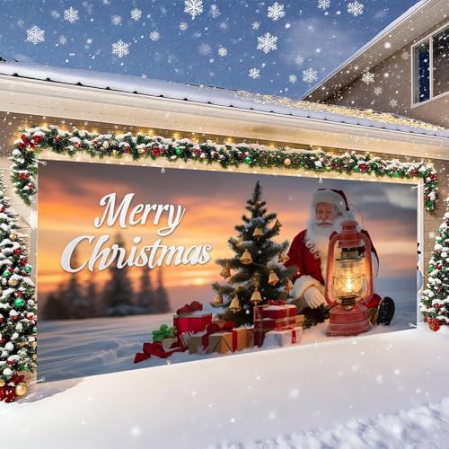 Christmas Garage Door Banner with Santa Claus and Christmas Tree – Holiday Garage Mural Cover with Oil Lantern, Gifts, and Sunset Snow Scene – Outdoor Winter Decoration for Home - Image 3
