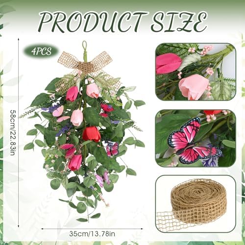 4 PCS Summer Wreaths for Front Door 22" Tulip Teardrop Swag with Purple Tassels Eucalyptus Leaves Ferns Butterflies for Indoor Outdoor Wall Festival Home Farmhouse Wedding Decor - Image 3