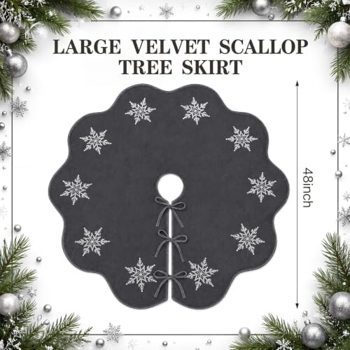 Hollowfly Gray Velvet Christmas Tree Skirt with Sequin Snowflake 48'' - Image 2