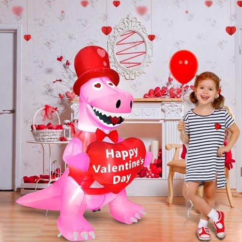 TURNMEON 4 Foot Valentine's Day Inflatable Dinosaur Outdoor Decoration Blow Up Dinosaur Holds Heart LED Lighted Valentines Day Decoration for Yard Garden Lawn Wedding Holiday Party Indoor Outdoor Home - Image 3