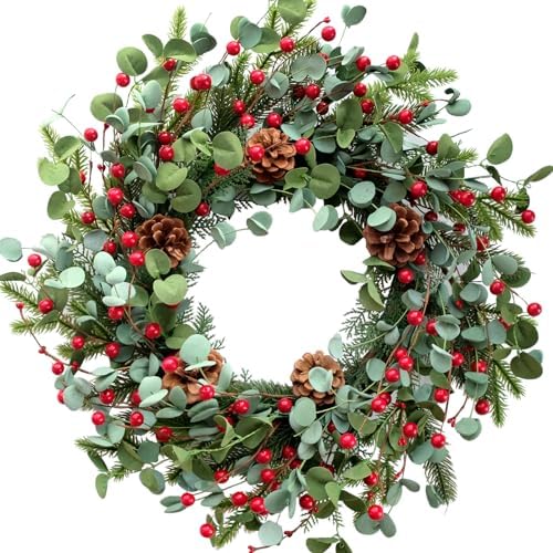 Idyllic Christmas Wreath for Front Door,20" Winter Wreath with Pine Cones Red Berries and Eucalyptus, Winter Decorations for Everyday Farmhouse Window Outdoor/Indoor by idyllic