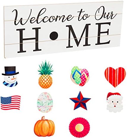 Cypress Home Welcome to our Home Interchangeable Wood Sign | 10 pieces for all Holidays and Seaons | Rustic Farmhouse Wall Art Decor | 28 Inches x 11 Inches by CypressHome