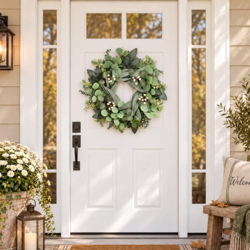 24 Inch Eucalyptus Wreath for Front Door, Fall Decor with White Berries - Image 3