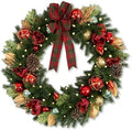 Hykolity 24 Inch Pre-Lit Magnolia Christmas Wreath with 30 Warm White LEDs and Timer, Battery Operated Artificial PE & PVC Wreath with Burgundy Flowers, Ornaments and Plaid Bow for Front Door by hykolity