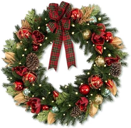 Hykolity 24 Inch Pre-Lit Magnolia Christmas Wreath with 30 Warm White LEDs and Timer, Battery Operated Artificial PE & PVC Wreath with Burgundy Flowers, Ornaments and Plaid Bow for Front Door by hykolity