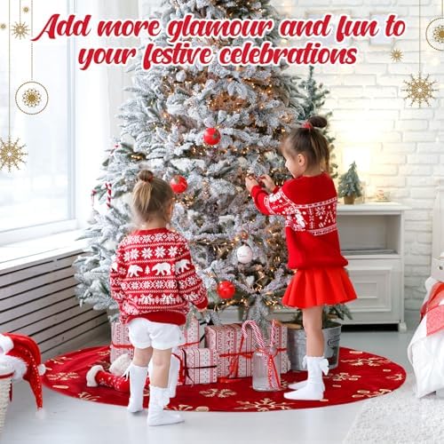 Nuanchu 48 Inch Christmas Tree Skirt, Large Red Velvet Fur Tree Skirt, Luxury Gold Embroidered Snowflake Trees Cover for Merry Christmas Party Vintage Holiday Decorations - Image 5