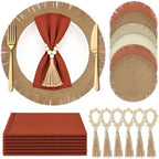 18 Piece 15 Inch Decorative Boho Table Placemats, 6 Set Round Braided Woven Place Mats in Brown Orange Beige White with Rust Napkins and Wood Bead Tassel Rings for Fall Thanksgiving Dining by Unknown