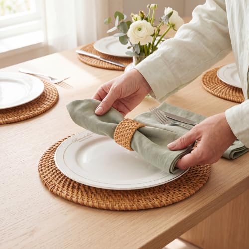 6 Pcs Rattan Charger Placemats with Napkin Rings Set, Brown - Image 5
