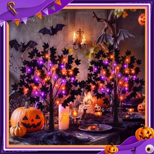 Teyva 2 Pack Halloween Black Tree 23.6 Inch, 48 LED Orange Purple Lights - Image 3