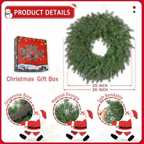 26 Inch Christmas Wreaths for Front Door Realistic Large Winter Greenery Pine Cedar Wreaths for Windows Xmas Holiday Home Table Mantle Yard Farmhouse Wall Door Porch Hanging Decor Outdoor Indoor - Image 3