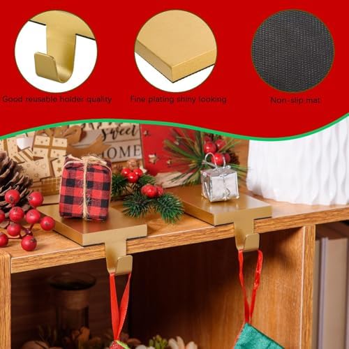 2 Pcs Christmas Stocking Holders Hanging Hooks Heavy Duty Mantel Stocking Holder Bases Weighted Metal Stocking Hangers for Shelf Fireplace Stair Xmas Party Decor (2, Gold) - Image 4