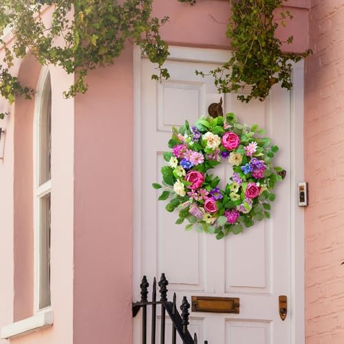 Spring Wreaths for Front Door Outside 24 Inch Spring Door Wreath with Pink Peony,Rose and Blue Hydrangeas, Handmade Silk Summer Wreaths for Front Door Home Wall Window Proch Seasonal Decor - Image 4