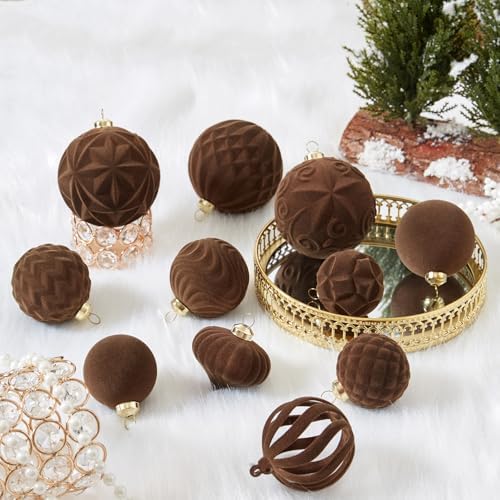30pcs Velvet Christmas Ball Ornaments, Flocked Shatterproof Christmas Ornaments Hanging Xmas Tree Decorations Set for Home Party Holiday Decor (Multi-Size, Brown) - Image 5