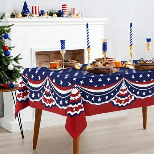 Rectangle 4th of July Tablecloth 60x102 Inch, Patriotic Red White and Blue Table Cloth, Polyester Waterproof Wrinkle Resistant Independence Day Table Cover for Memorial Day Decorations Decor by Unknown