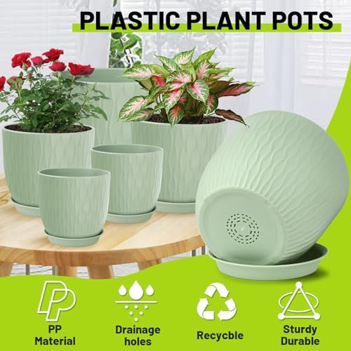 Plastic Plant Pots 10/9/8/7.5/7 inch Set of 5, Flower Planters with Drainage Holes and Saucers, Plastic Pots for Indoor Outdoor Plants, Livingroom Garden Decor (Green) - Image 3