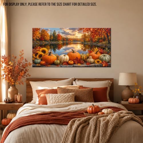 WAXWHELK Fall Canvas Wall Art Pumpkin Autumn Lake Landscape Painting Pictures, Rustic Farmhouse Thanksgiving Artwork for Bedroom Living Room Home Decor, (20"x40") - Image 4