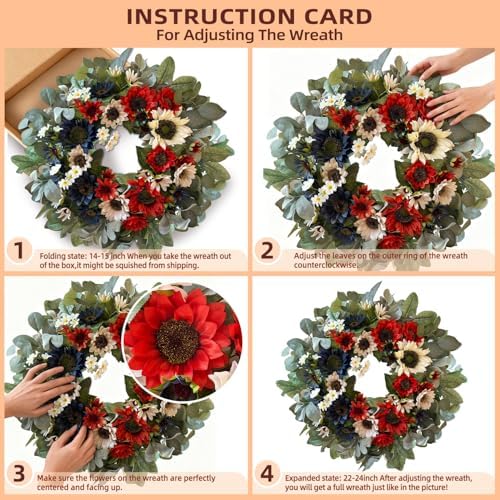 WANNA-CUL 24 Inch Patriotic Sunflower Wreath 4th of July Front Door Wreath - Image 3