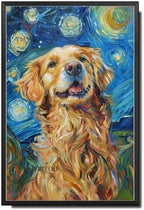 Metal Sign Vintage Tin Sign Golden Retriever Starry Night Retriever Golden Friend in Night for Home Park and Seasonal Celebrations Waterproof Aluminum 8×12 Inches with Metal Frame by YmyooForTinSign