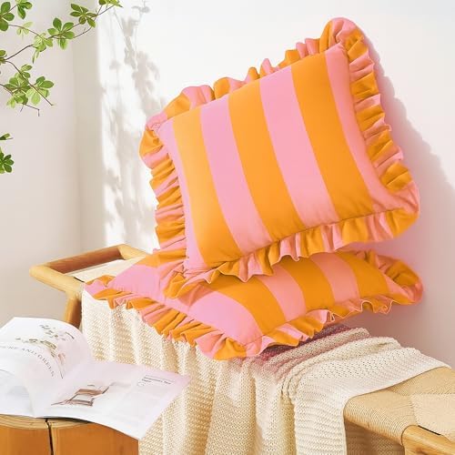 MONDAY MOOSE Decorative Throw Pillow Covers, Set of 2 Water-Resistant Striped Design with Ruffle Edge for Outdoor/Indoor Use, Pillow Inserts Not Included (22x22 inch, Light Pink/Honey) - Image 2