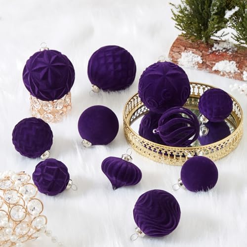 30pcs Velvet Christmas Ball Ornaments, Flocked Shatterproof Christmas Ornaments Hanging Xmas Tree Decorations Set for Home Party Holiday Decor (Multi-Size, Purple) - Image 5