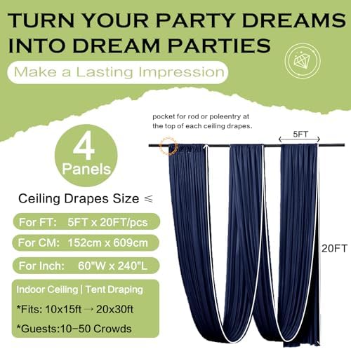 4 Panels 5ft(W) x 20ft(H) Navy Blue Ceiling Drapes for Wedding Parties - Image 6
