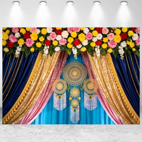 12x8ft India Pooja Backdrop Marigold Garland Diwali Traditional Festival Ganpati Photography Background Hindu Wedding Mehndi Party Banner Decorations Photo Studio Props by CkihgennDecors