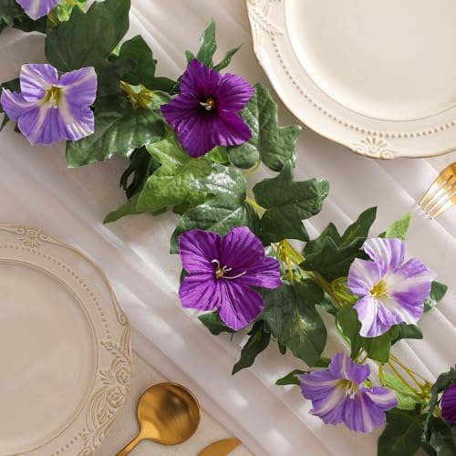 Floweroyal 6 Pack Artificial Flower Garlands 15.8FT Fake Morning Glory Vines Silk Flowers Hanging Garland Ivy for Wedding Arch Party Home Garden Wall Decor (Purple) - Image 5