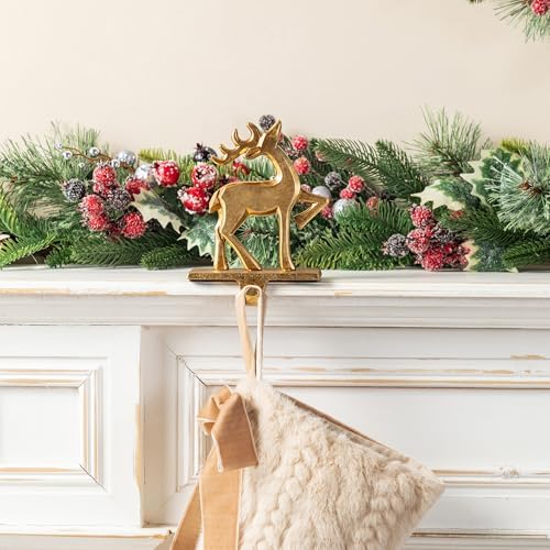 Glitzhome Polyresin Christmas Stocking Holders Set of 3 Golden Tree and Reindeer Mantel Decor with Non-Slip Metal Base for Holiday Fireplace Indoor Decoration - Image 3
