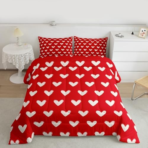 Red White Comforter Set Full Size Cute Heart Pattern Bedding For Kids Boys Girls Valentine Day Gift Quilt Cartoon Love Geometric Duvet Insert Love Heart Soft Warm Bedding Sets Bedroom Decor 3Pcs - Image 2