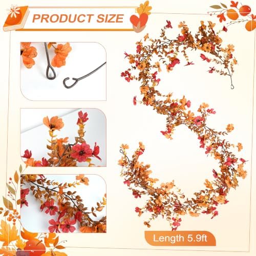 6 Pack Artificial Fall Garland for Mantle, 6.2 Long Fall Mums Flowers Garland with Orange Leaves for Wedding Thanksgiving Arch Indoor Outdoor Harvest Wall Decoration - Image 2